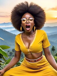 African woman with huge afro stands amidst mountain gorillas in Rwanda's dawn light