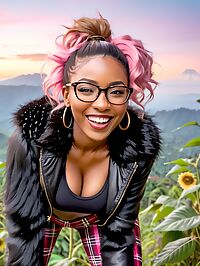 Brunette with contrasting streaks stands in twilight Rwanda